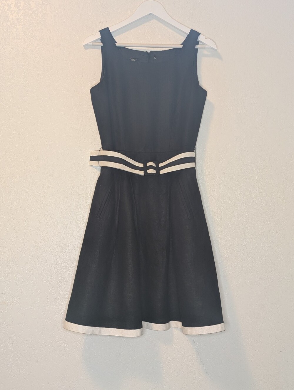 Talbots Petites Pure Irish Linen Fit & Flare Dress Contrast Hem Belted Black 8P